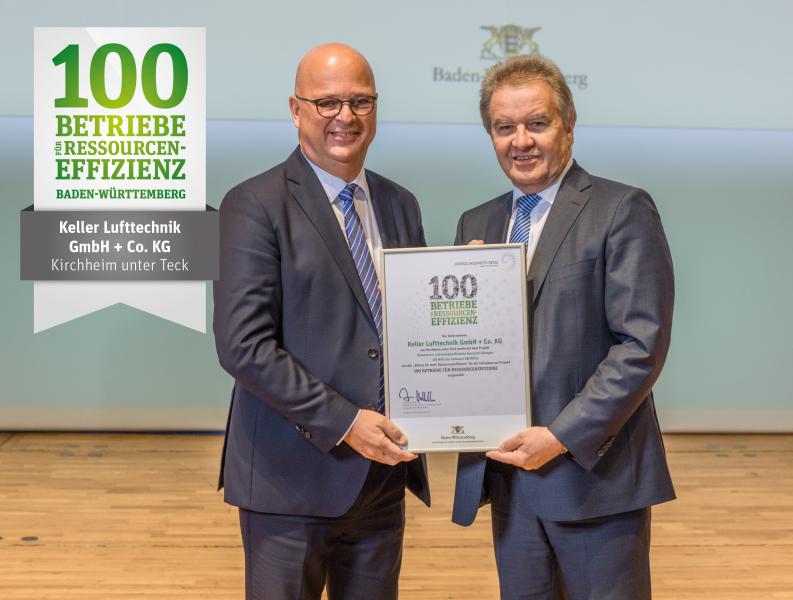 Keller Lufttechnik-Geschäftsführer Horst Keller (links) erhielt die Urkunde zur Aufnahme in die Liste der „100 Betriebe für Ressourceneffizienz“ vom baden-württembergischen Umweltminister Franz Untersteller