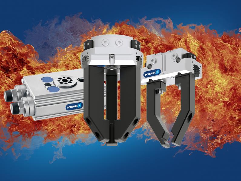 The ATEX gripping system components from SCHUNK are finished with a special surface coating and are compliant with ATEX product guideline 2014/34/EU. They can be conveniently monitored with the help of the MMS 22-PI1-EX universally applicable magnetic switches. Photo: SCHUNK