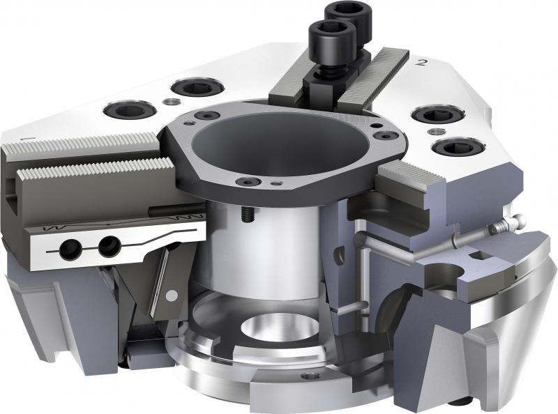 The lightweight SCHUNK ROTA NCE lathe chuck (here a cross section) convinces with low weight and high rigidity. SCHUNK has invested a total of 700 FEM hours in topology and parameter optimization. Photo: SCHUNK