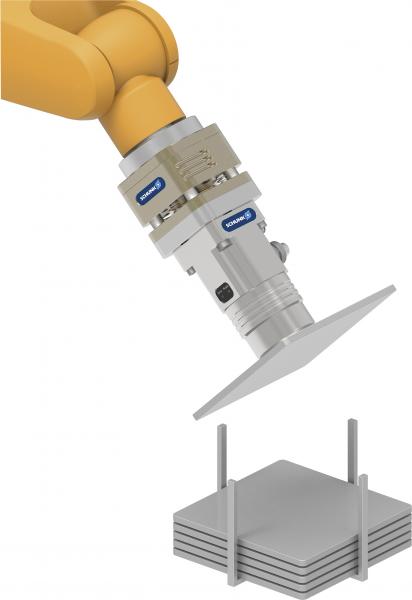 Due to the 24 V technology and integrated electronics, the compact SCHUNK magnetic gripper can be commissioned and actuated particularly easily. It enables interfering contour-free and flexible handling of ferromagnetic workpieces. 
Photo: SCHUNK