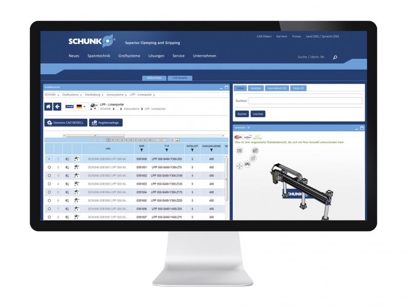 In the SCHUNK online configurator assembly automation, entire Pick & Place systems can be implemented, loaded as assemblies into the CAD program and parts lists generated as order references. All components are available as intelligent 3D-CAD models. Photo: SCHUNK