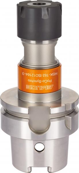 The special collet holder PoCo-Synchro with HSK-T with its tighter tolerance combined with the PoCo-Bush enables to implement an angular accuracy of less     than 5°.
