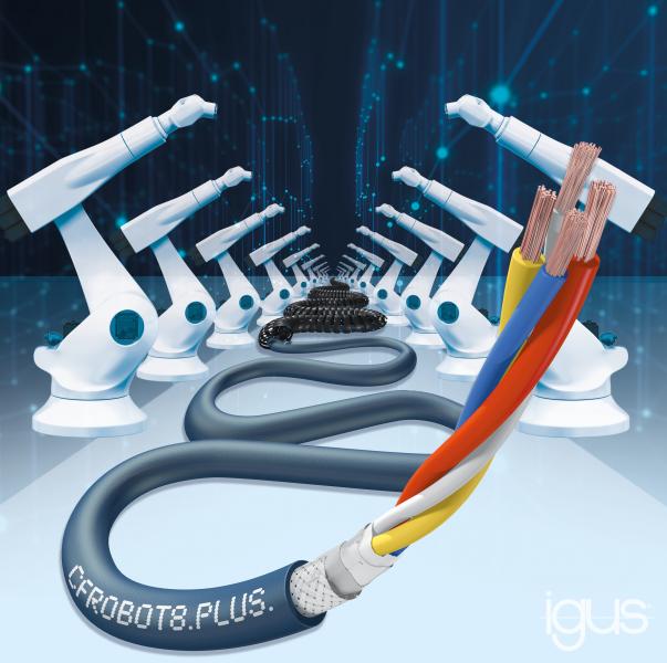 CFROBOT8.PLUS: chainflex Ethernetleitung für 15 Millionen Torsionsbewegungen bis zu 360 Grad und schnelle Datenübertragung an 6-Achs-Robotern.