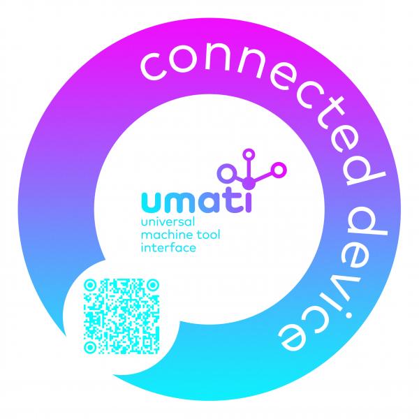 This sticker on a machine indicates that it is connected via umati. The data can be tracked live in a central dashboard by scanning the QR code.
