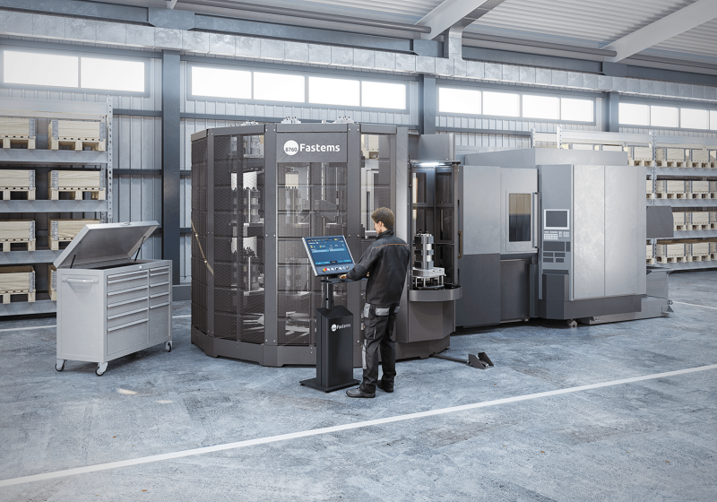 More compact and flexible than comparable solutions: Fastems' FPT (Flexible Pallet Tower) for the automation of CNC milling machines.