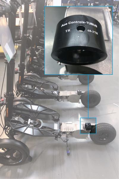 Die kompakten TUBUS von ACE werden von scuddy auf der Schwinge der E-Roller integriert und absorbieren dort am effektivsten Stöße zur Fahrwerksberuhigung