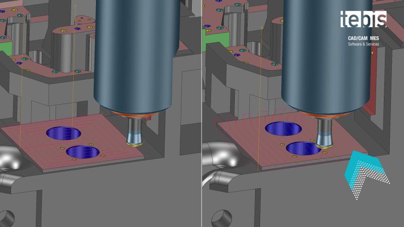 Beim 2,5D-Fräsen lässt sich eine Kollision mit dem Maschinenkopf beispielsweise durch die automatische Verkleinerung der Bereiche umgehen (Bild: Tebis AG)