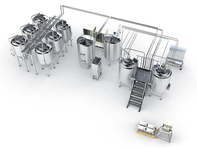 La planta cervecera completa comprende la sala de cocción y la sala de fermentación. El sistema incluye además el abastecimiento de agua, calor y frío.
