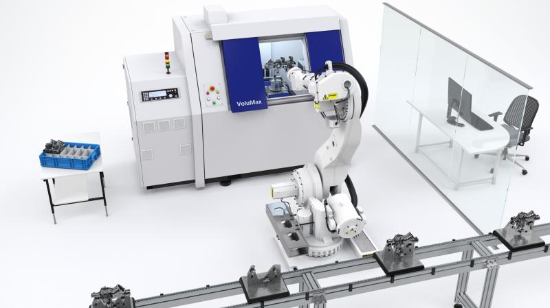 Vollautomatische 3D Werkstückprüfung: Die
Inline-Computertomographie sorgt durch
automatische Roboterbestückung für die
optimale Einbindung in Fertigungslinien.